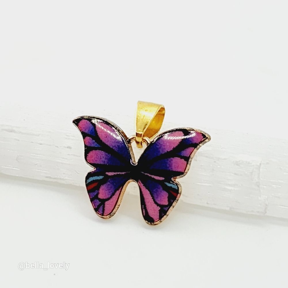 Small Pink Purple Black Tibetan Gold Enamel Mixed Butterfly Pendant 0.8"